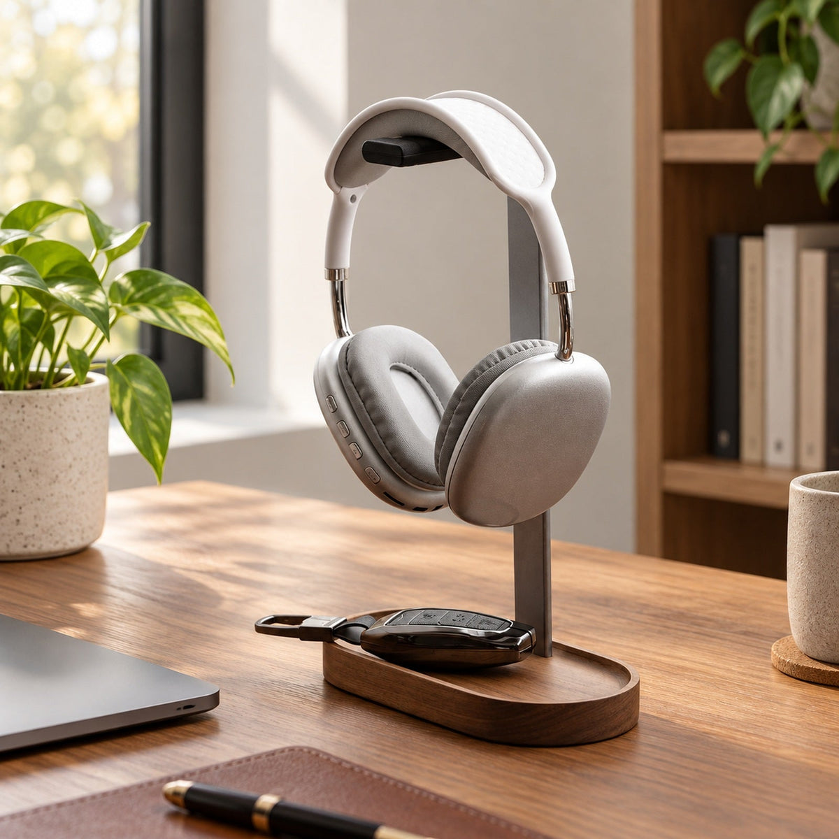 A walnut-finish headphone stand on a calm desk