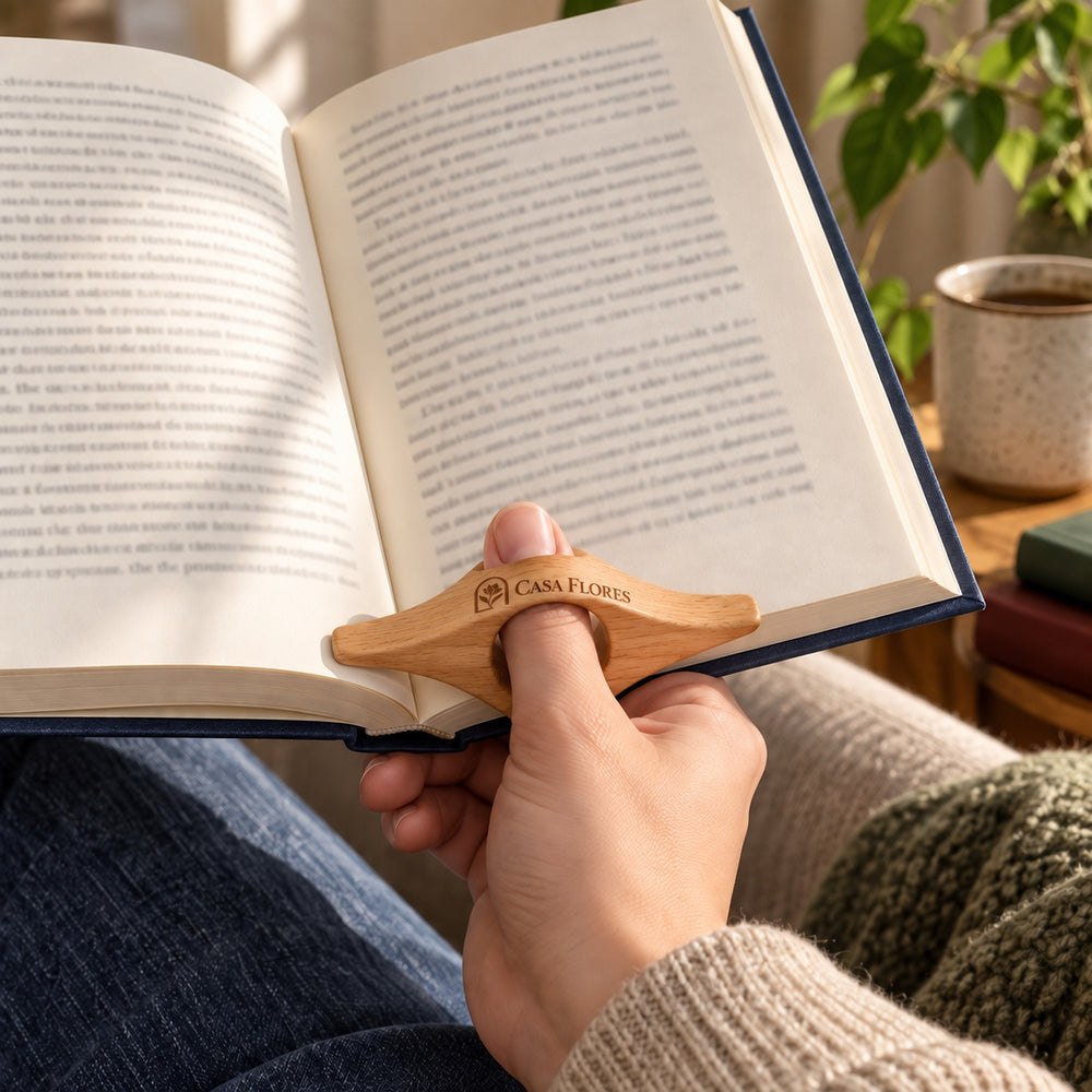 Wooden page holder in use