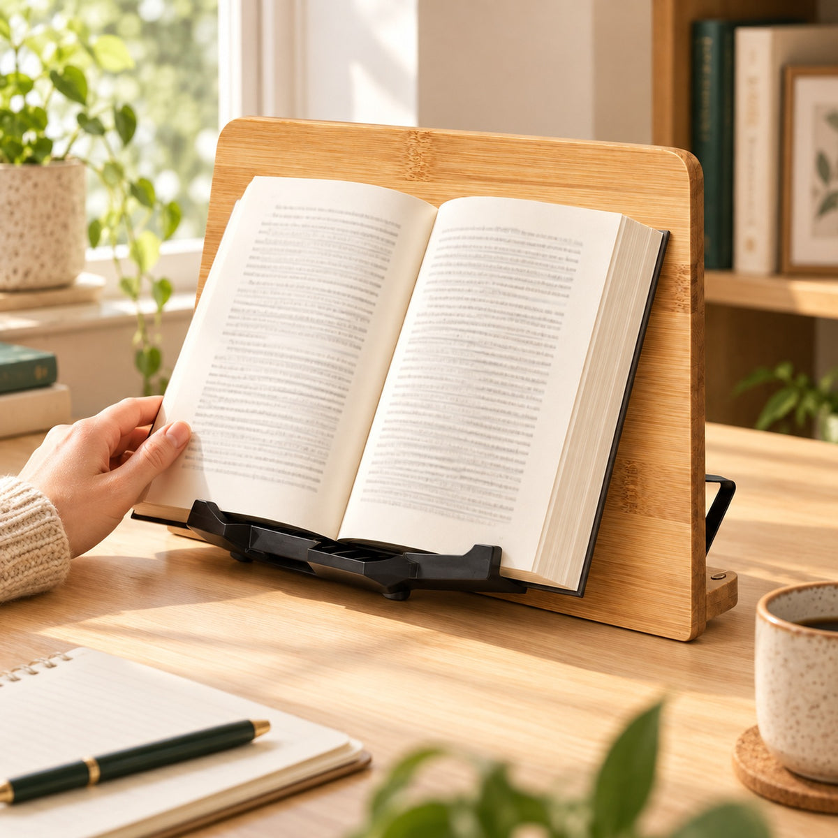 Wooden book stand in a warm reading space