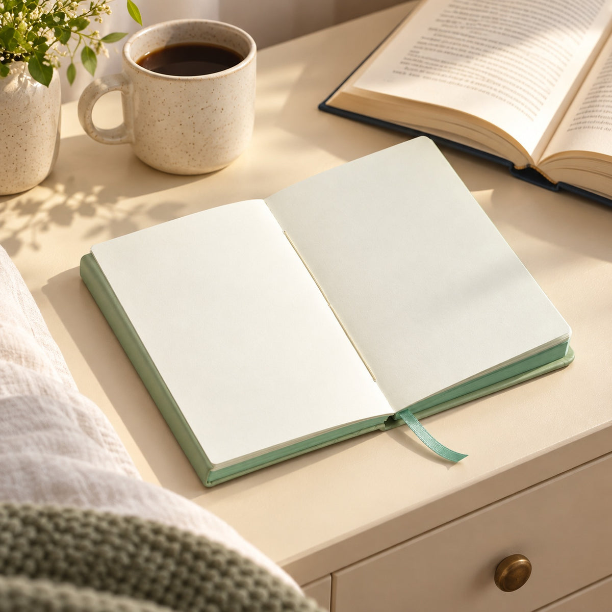 Open reading journal beside coffee and books